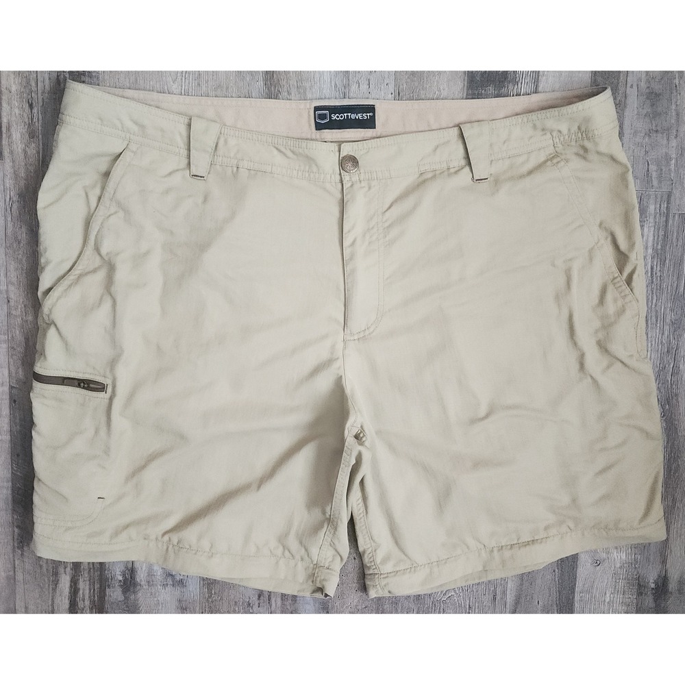 Scottevest TEC Cargo Shorts* Mens 44 Beige Nylon Multi-Pocket Travel Hiking